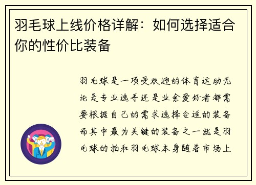 羽毛球上线价格详解：如何选择适合你的性价比装备